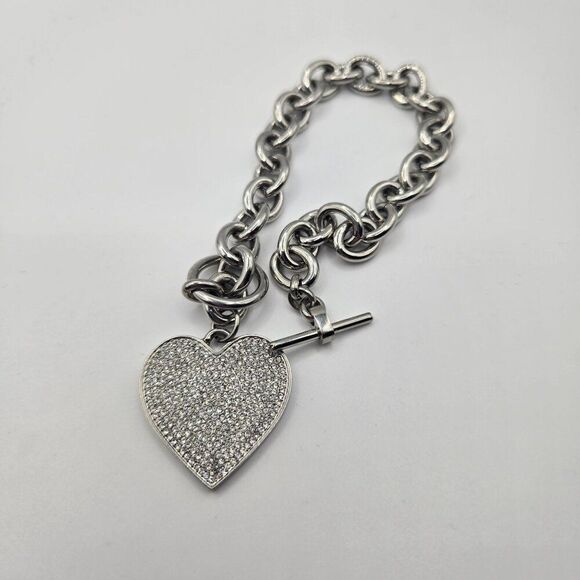Michael Kors Silver Heart Charm Bracelet With Toggle Clasp & Pavé Crystal Detail - Picture 1 of 4